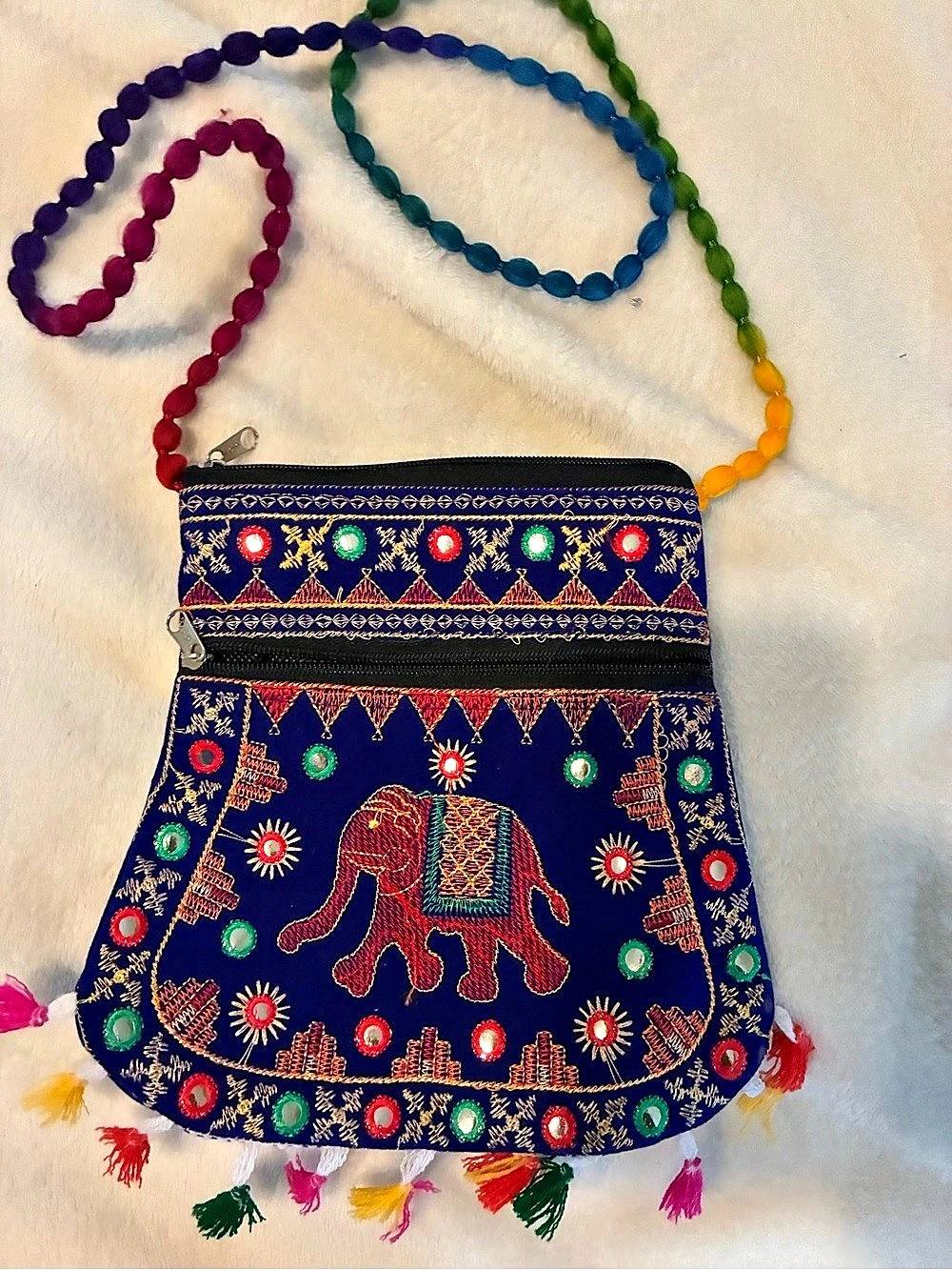 Embroidered Elephant Crossbody Bag in Blue
